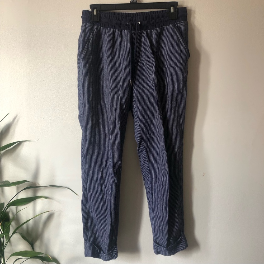 ❤️Athleta Bali Linen Pants Striped Drawstring Blue Pockets Size 2